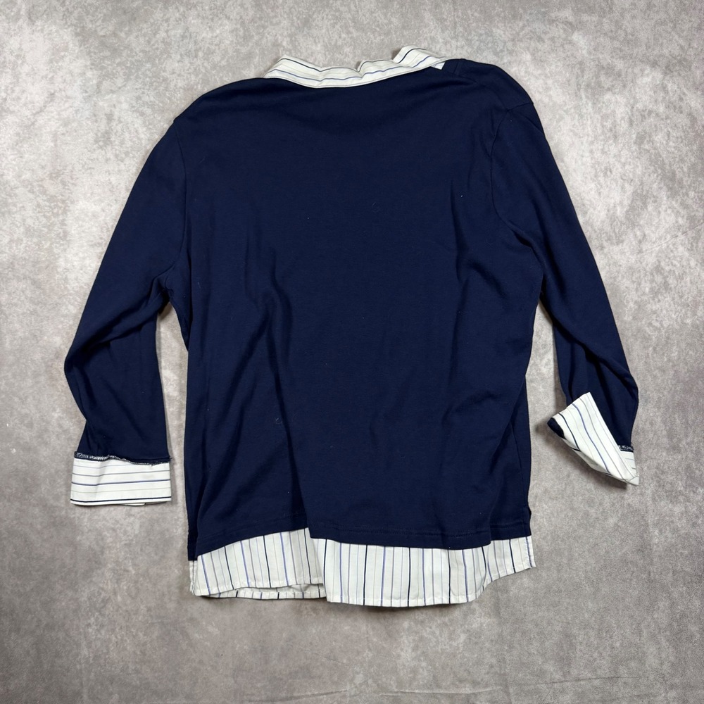 Jason Maxwell Womens Navy Blue Layered Look V-Neck Top Striped Collar 1X Preppy - Picture 2 of 6